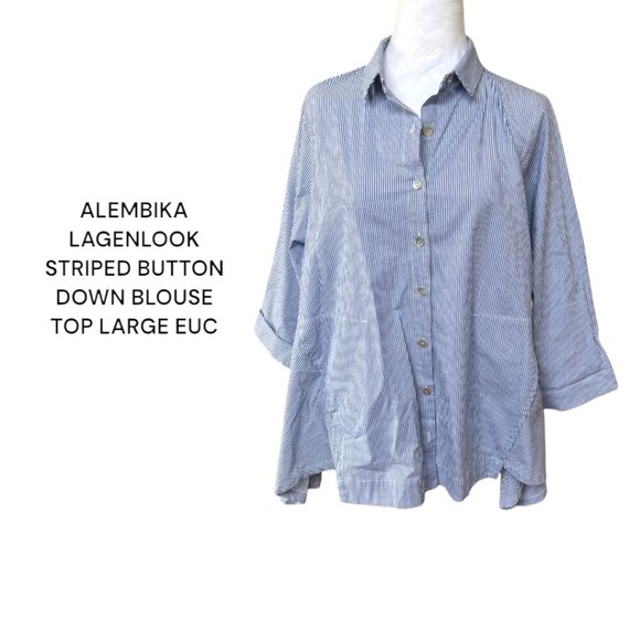 ALEMBIKA‎ STRIPED BUTTON DOWN LAGEN LOOK ANGULAR BLOUSE LARGE EUC - Picture 3 of 5
